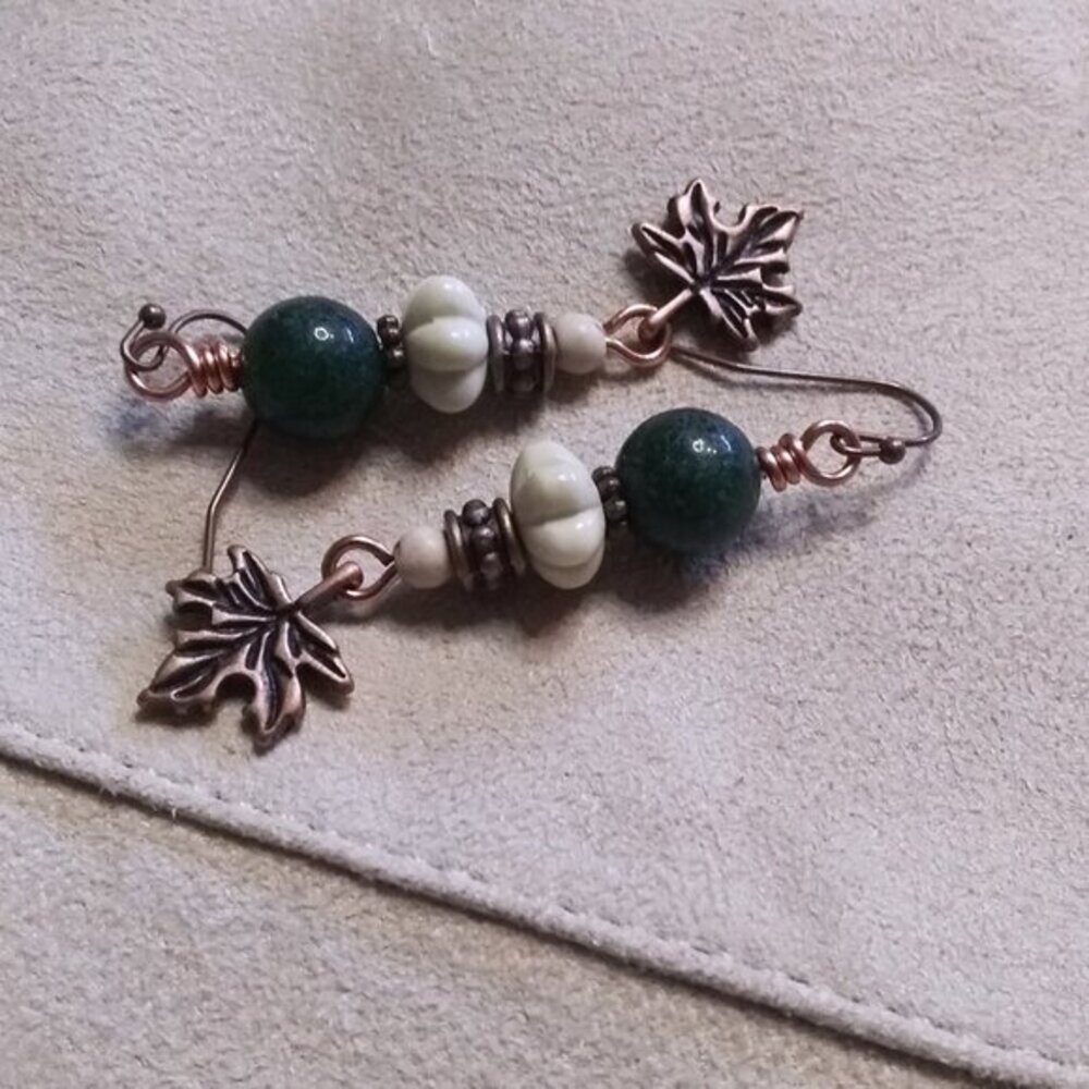 Copper Maple Leaf + Stone Beads Dangle Earrings | Fall Countrycore Cabincore - Picture 5 of 13